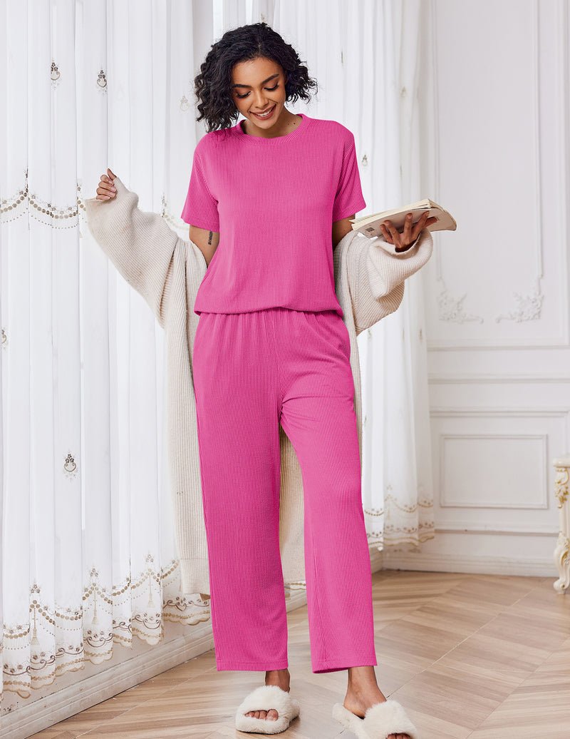 Women’s 2-piece lounge set in hot pink: short-sleeve top and matching wide-leg pants