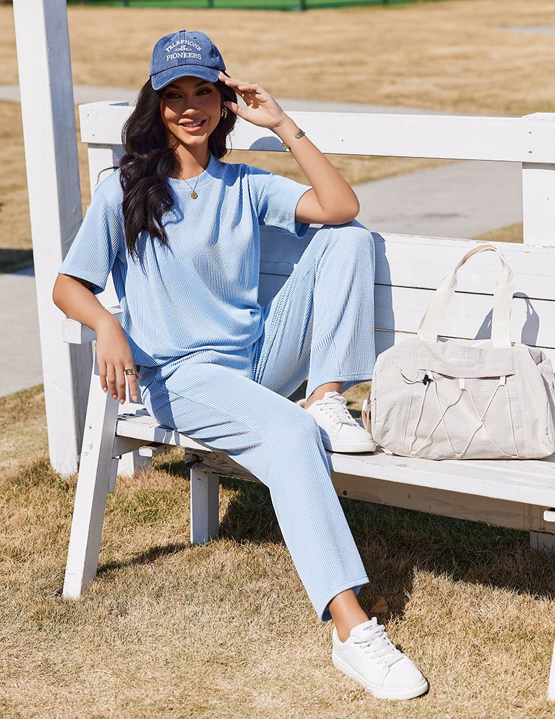 Women’s 2-piece lounge set in light sky blue: short-sleeve top with wide-leg pants