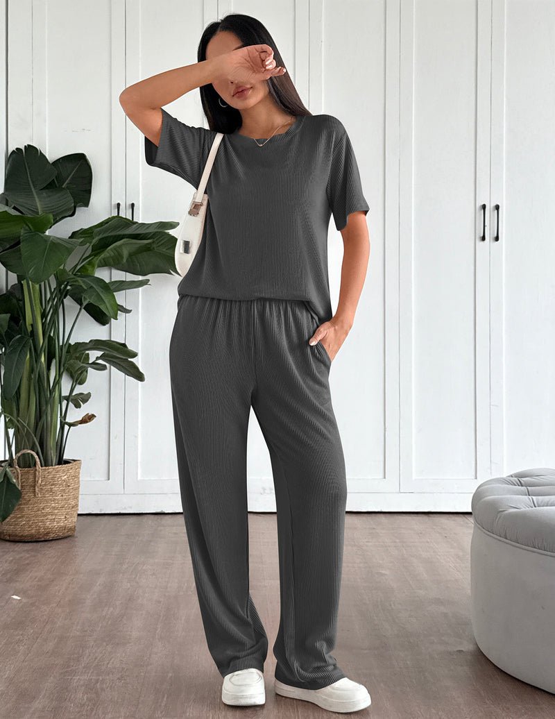 Women’s 2-piece lounge set in charcoal gray: short-sleeve top and relaxed wide-leg pants
