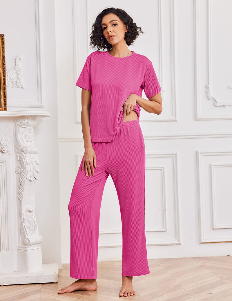 Hot pink lounge set: short-sleeve tee and matching wide-leg pants with drawstring