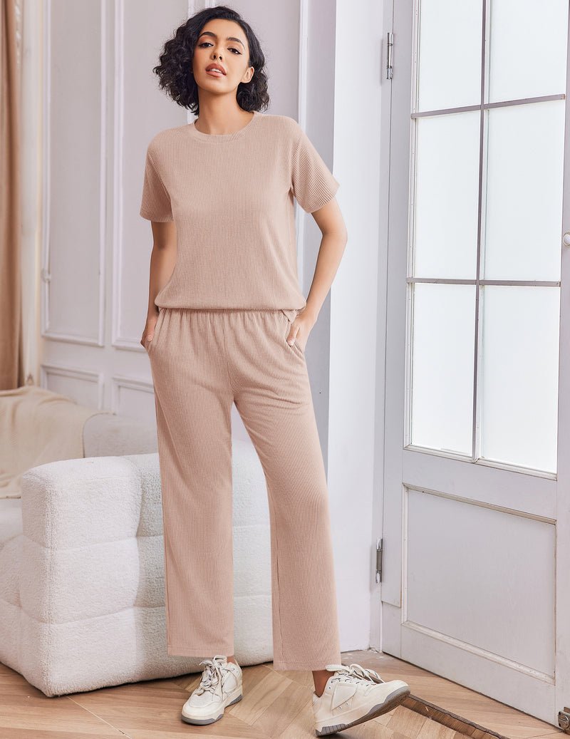 Light khaki lounge set: short-sleeve top and wide-leg trousers, 2-piece matching