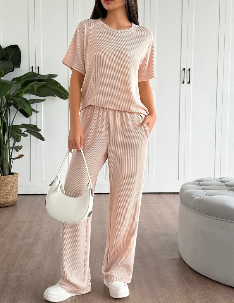 Rose red lounge set: ribbed short-sleeve top and matching wide-leg pants, 2-piece
