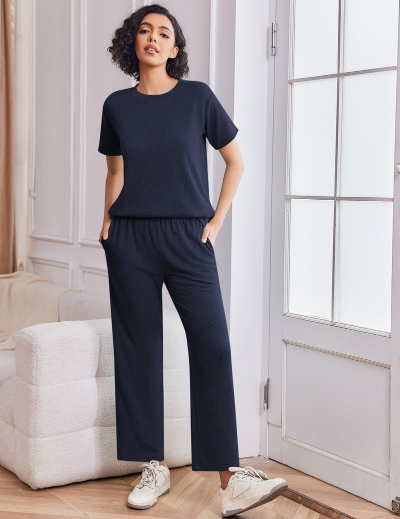 Women’s 2-piece lounge set in dark navy: short-sleeve top and wide-leg pants