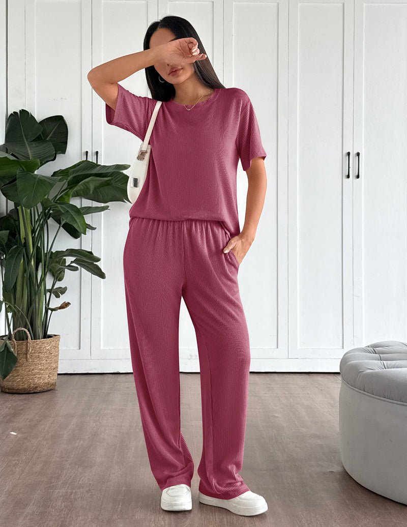 Rose red lounge set: short-sleeve top and matching wide-leg pants with elastic waist