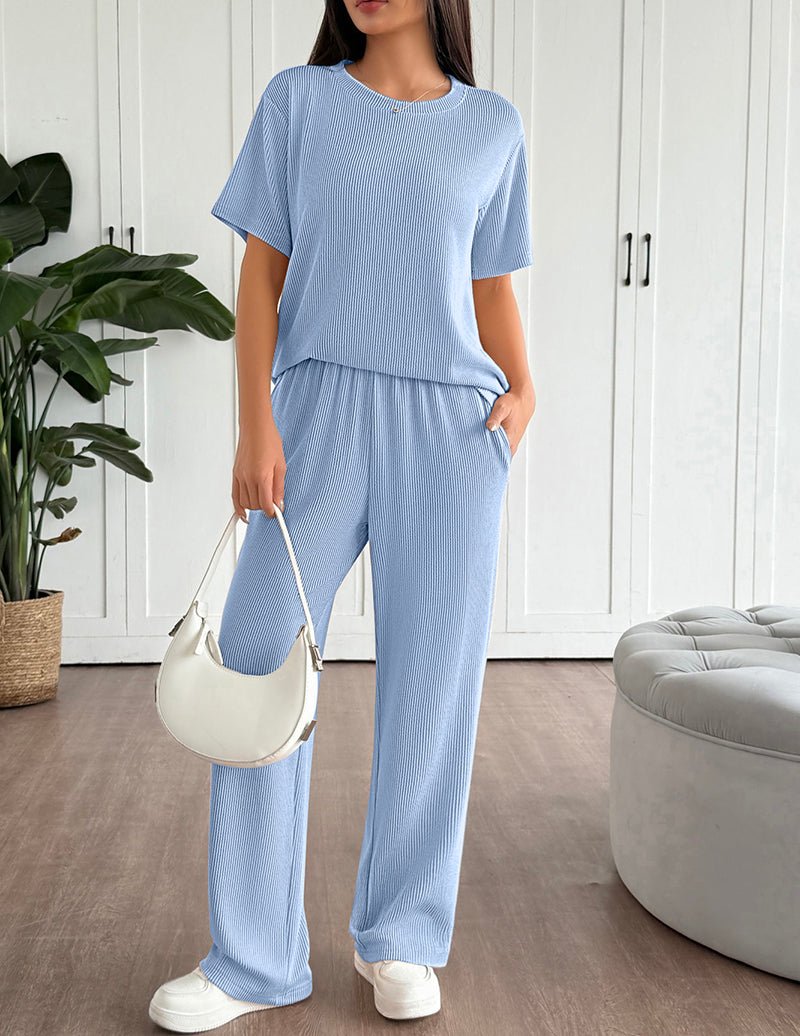 Sky blue lounge set: short-sleeve top and wide-leg pants, 2-piece matching travel outfit