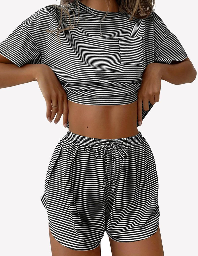 Black-and-white striped 2-piece lounge set with short sleeve crop top and drawstring shorts