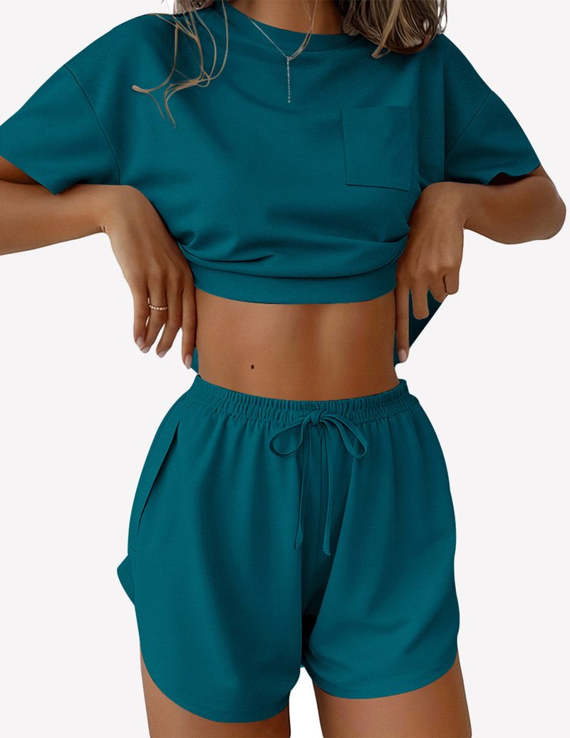 Blue-green solid 2-piece lounge set with short sleeve crop top and drawstring shorts