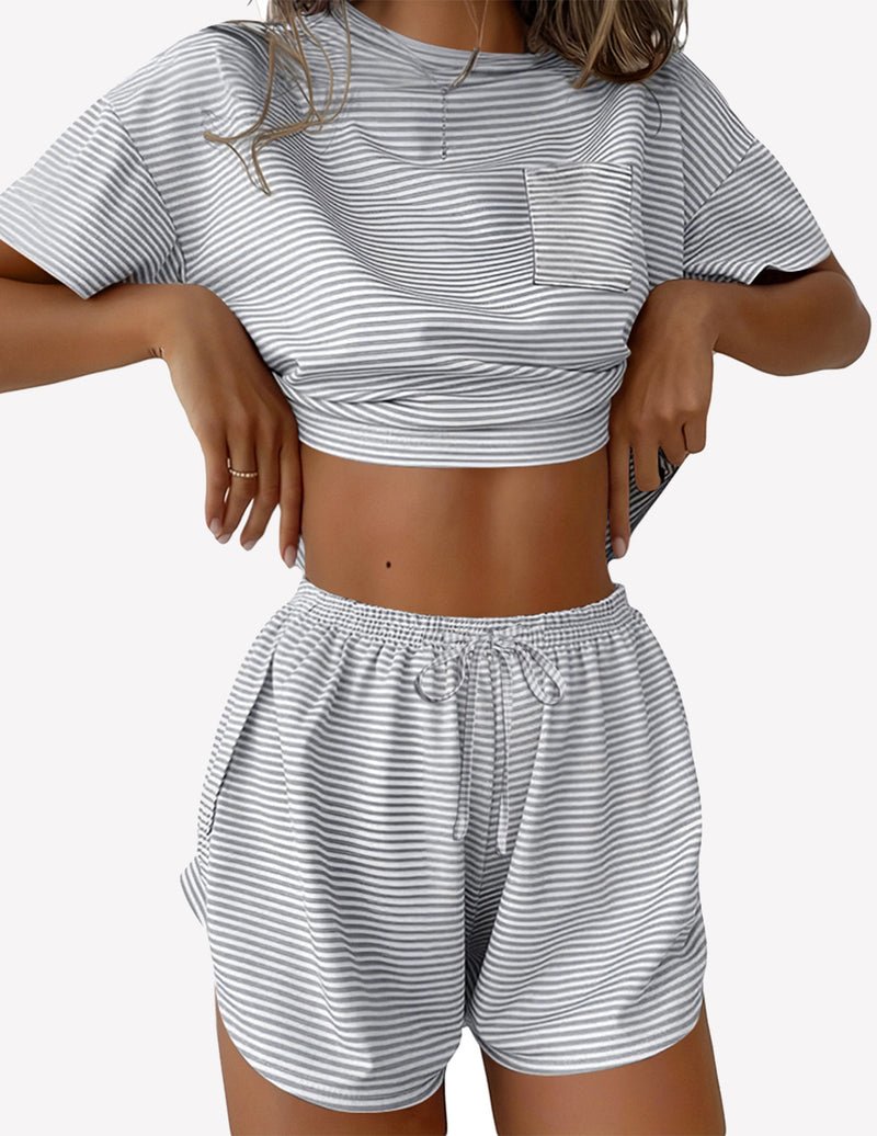 Two-piece striped pajama set: white-and-gray crop tee and drawstring shorts