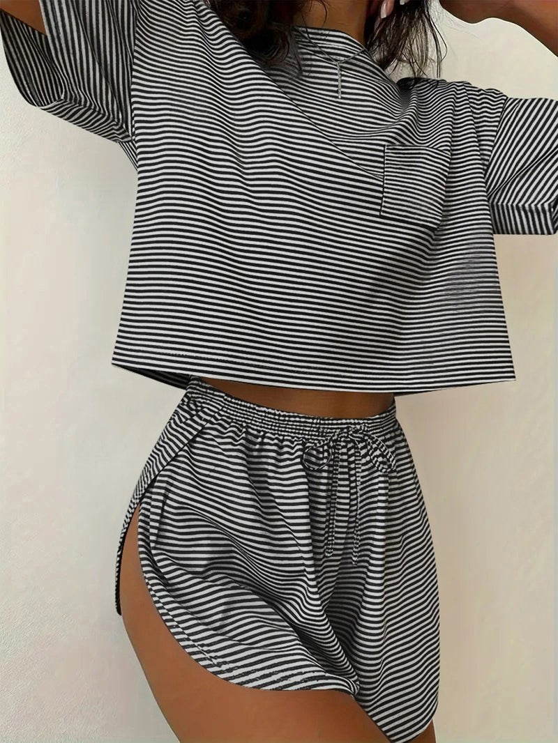 Short-sleeve striped pajama set with button-front top and elastic drawstring shorts