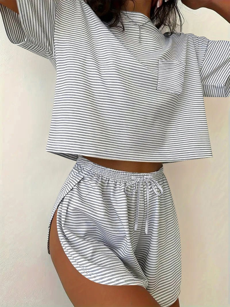Striped pajama set with short-sleeve button top and ruched elastic drawstring shorts