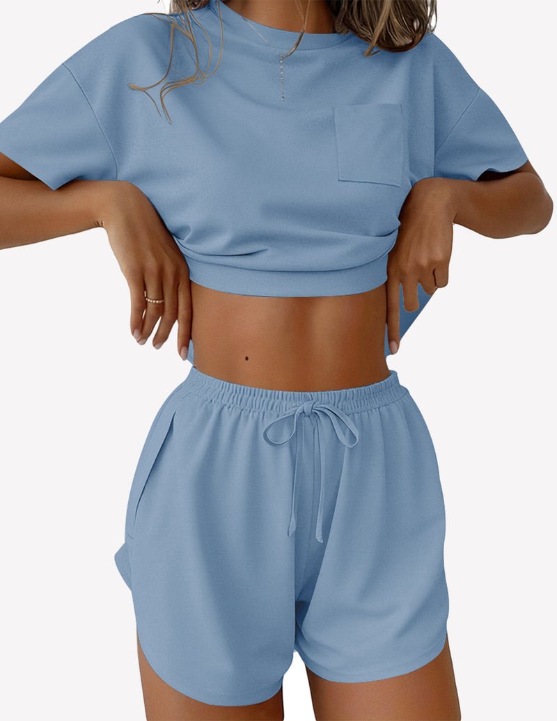 Blauer 2-teiliger Pyjama: kurzes T-Shirt, Shorts mit elastischem Bund und Kordelzug