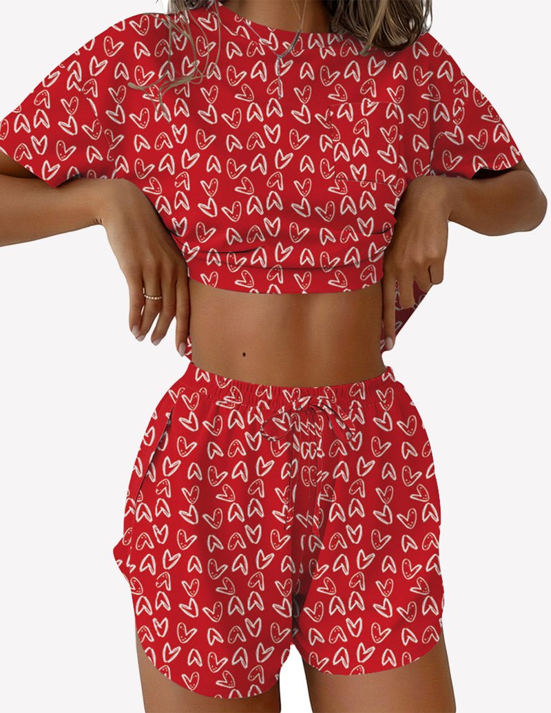 Roter Herz-Print 2-teiliger Pyjama: T-Shirt mit Brusttasche, Shorts mit Kordelzug
