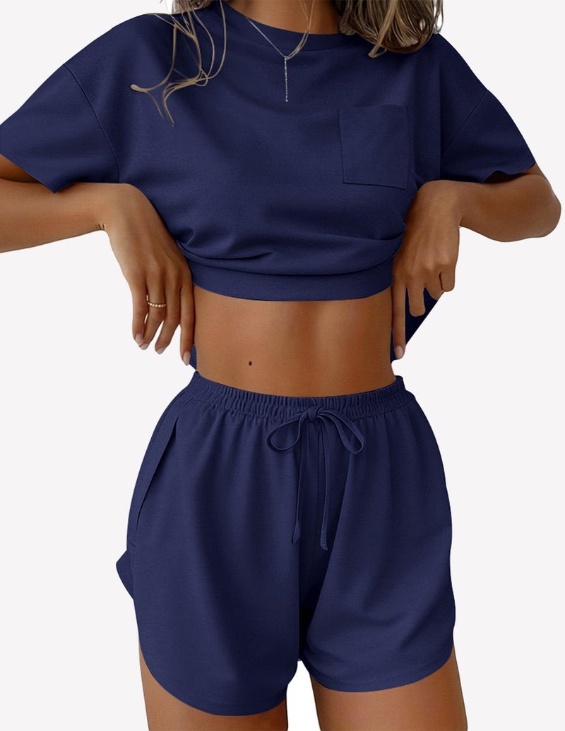 Navy blue 2-piece lounge set with short sleeve crop top and elastic drawstring shorts