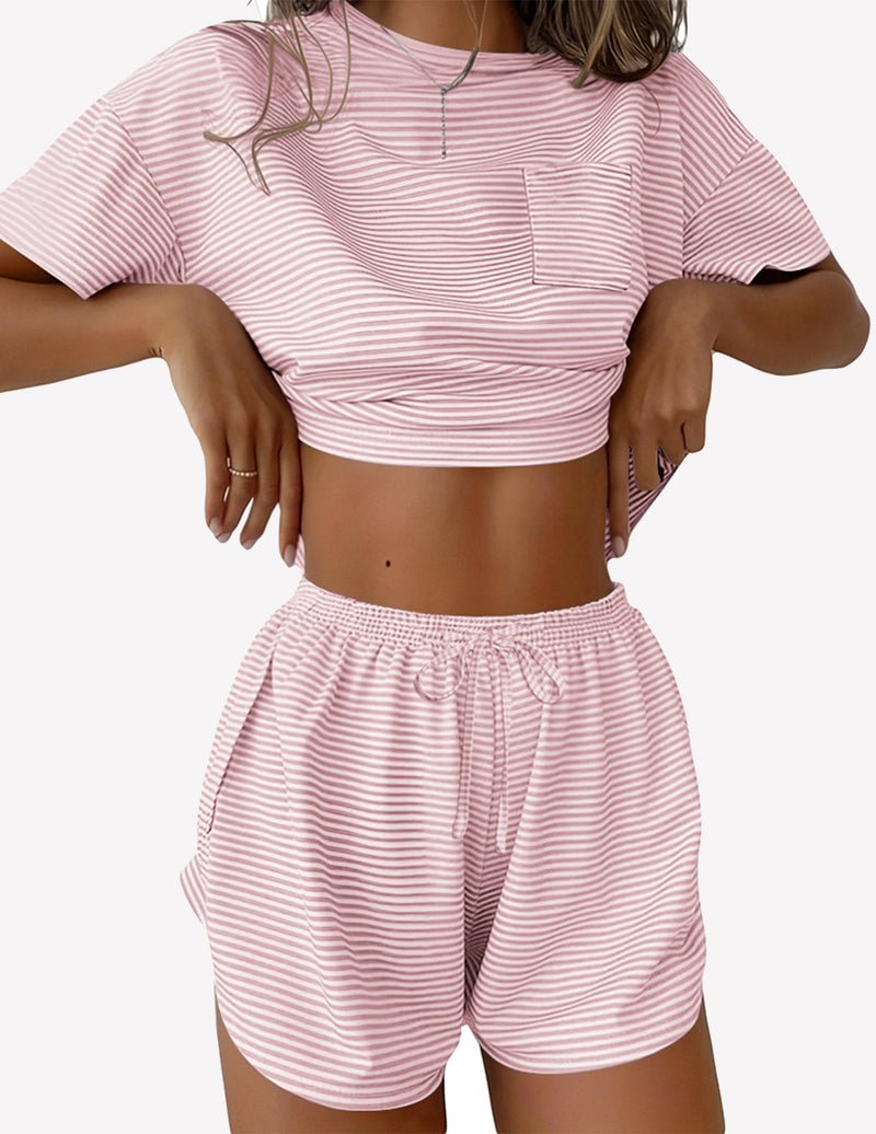Pink-and-white striped 2-piece lounge set with short sleeve crop top and drawstring shorts