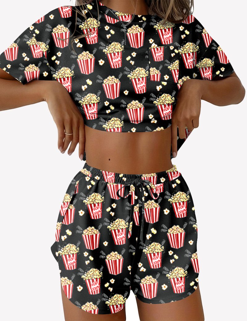 Black 2-piece lounge set with popcorn print crop top and drawstring shorts