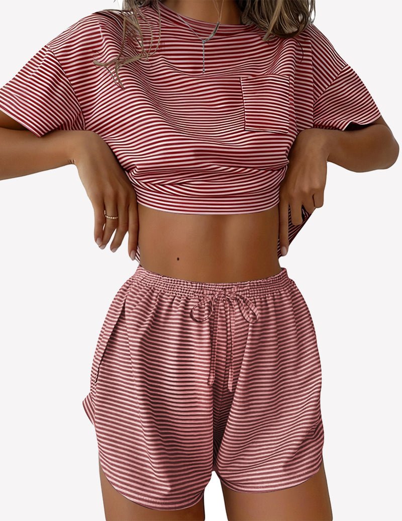 Red-and-white striped 2-piece lounge set with short sleeve crop top and drawstring shorts