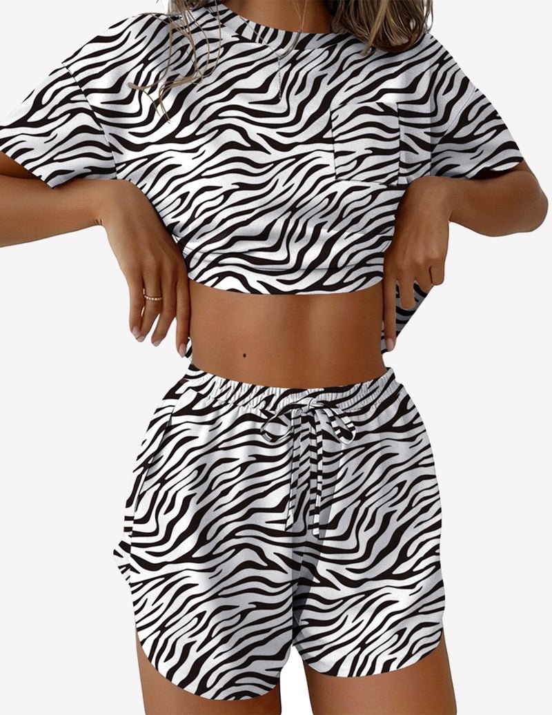 Zebra print 2-piece lounge set with short sleeve crop top and drawstring shorts