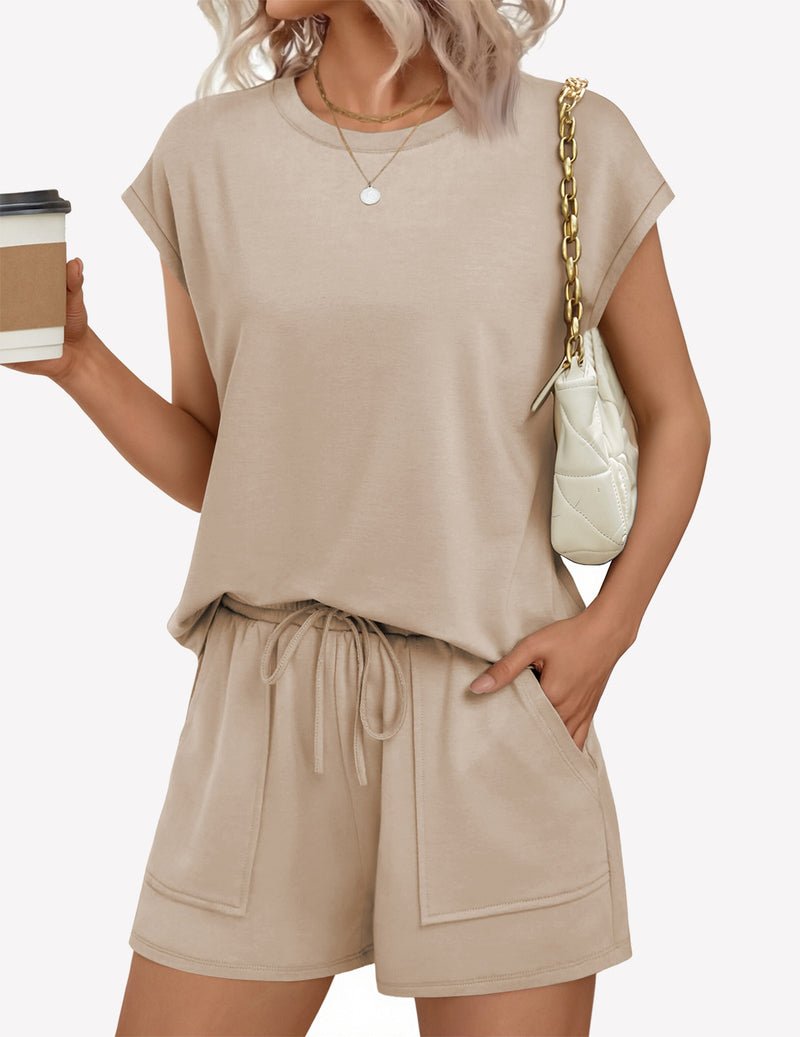 Lounge short set with cap sleeves and drawstring waist in dark khaki