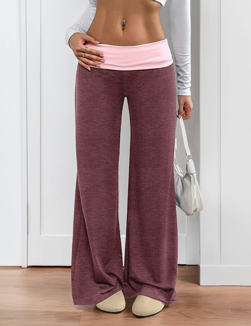Low-waist wide-leg trousers, wine red, elastic waistband and wide flared legs