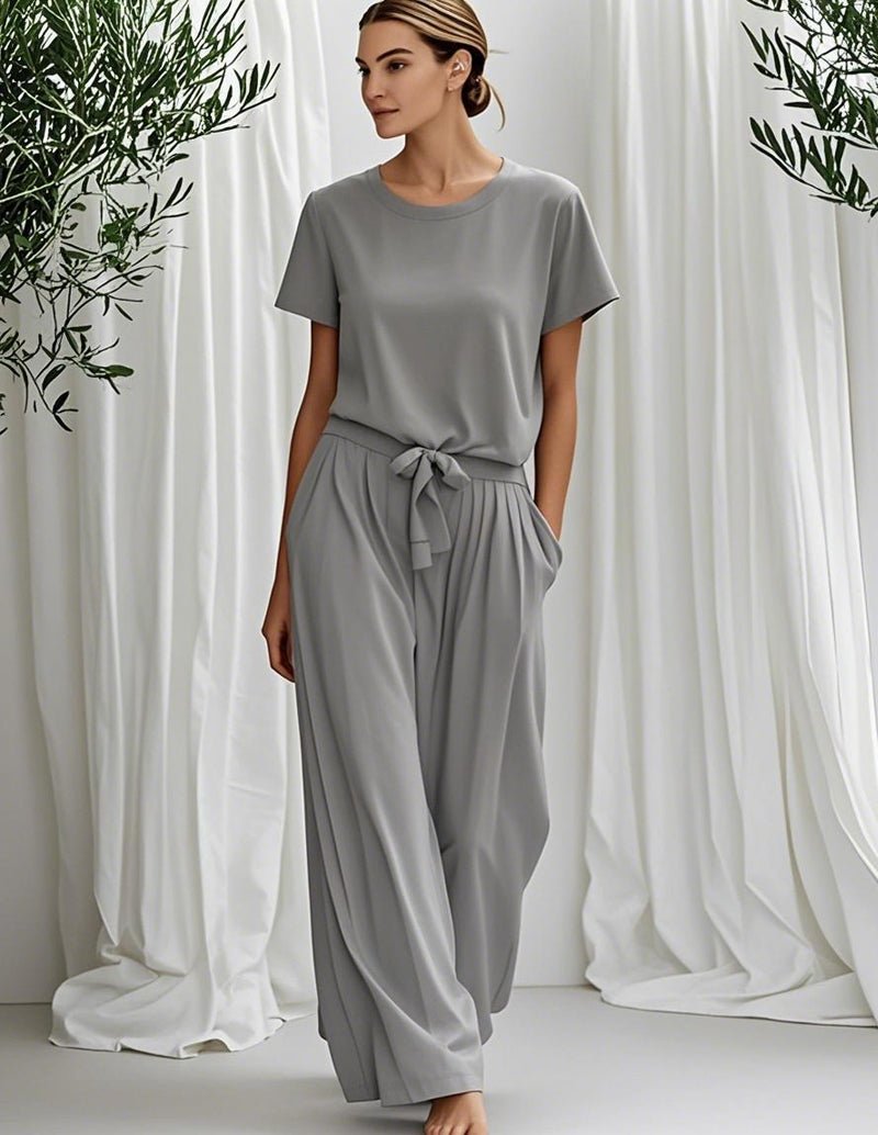 Gray 2-piece lounge set with crew-neck tee and wide-leg pants tied at waist