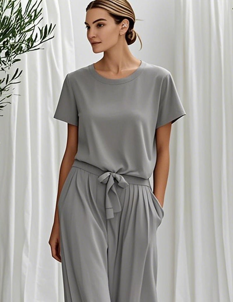 Gray 2-piece lounge set with short-sleeve crew-neck top and bow-tied wide-leg pants