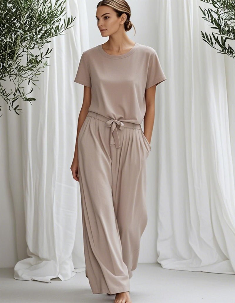 Khaki 2-piece lounge set with crew-neck top and wide-leg pants, tied waist