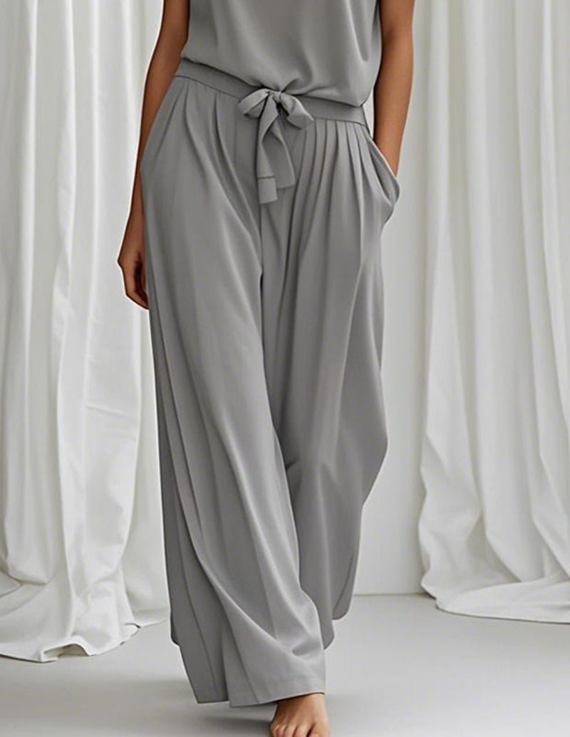 Gray wide-leg lounge pants with bow tie at elasticized waist