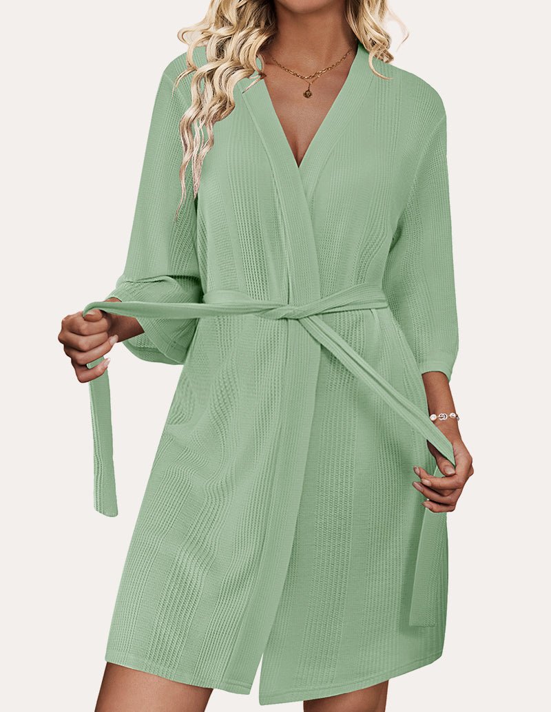 Waffle kimono bathrobe (mint), V-neck and waist belt tie