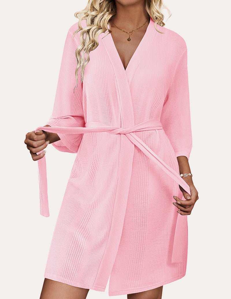 Waffle kimono bathrobe (pink), V-neck and waist belt tie
