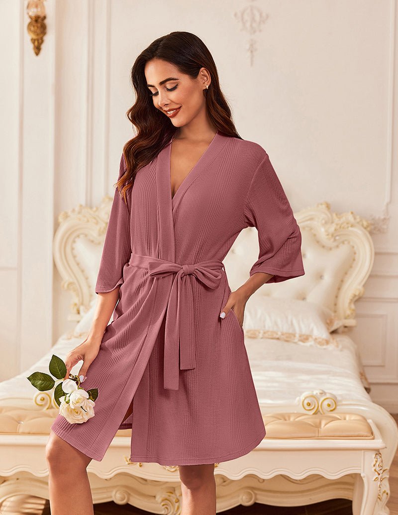 Waffle kimono bathrobe (mauve), belted waist and side pockets, three-quarter sleeves