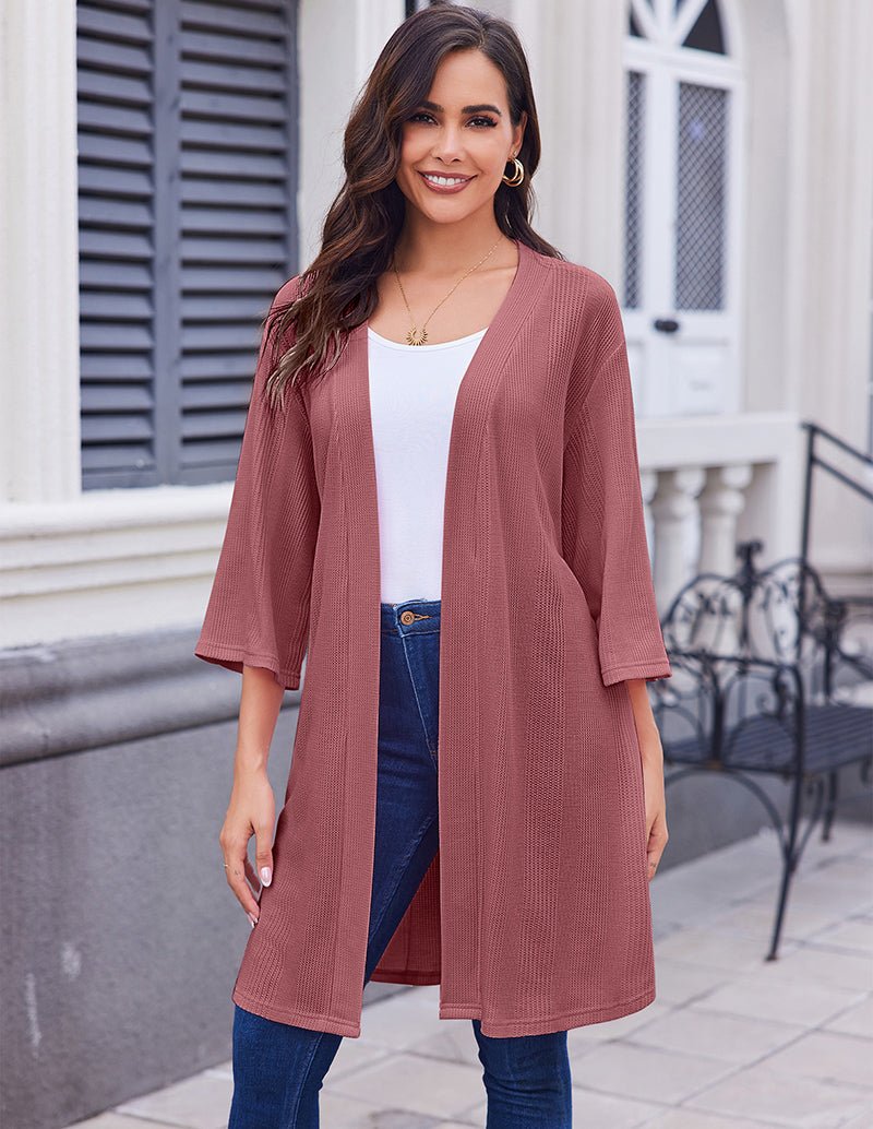 Waffle kimono bathrobe (mauve), open front with belt tie and three-quarter sleeves