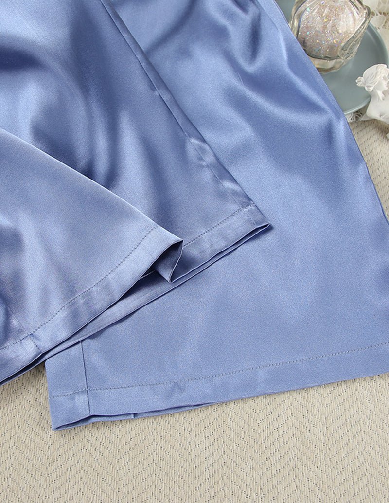 Blue satin pajama set top with lapel collar and front button placket