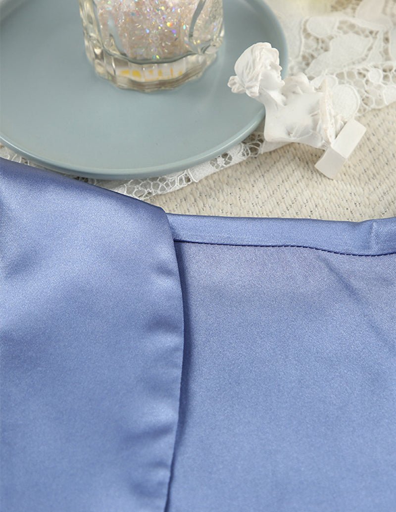Blue satin pajama pants waistband and side seam, smooth satin finish