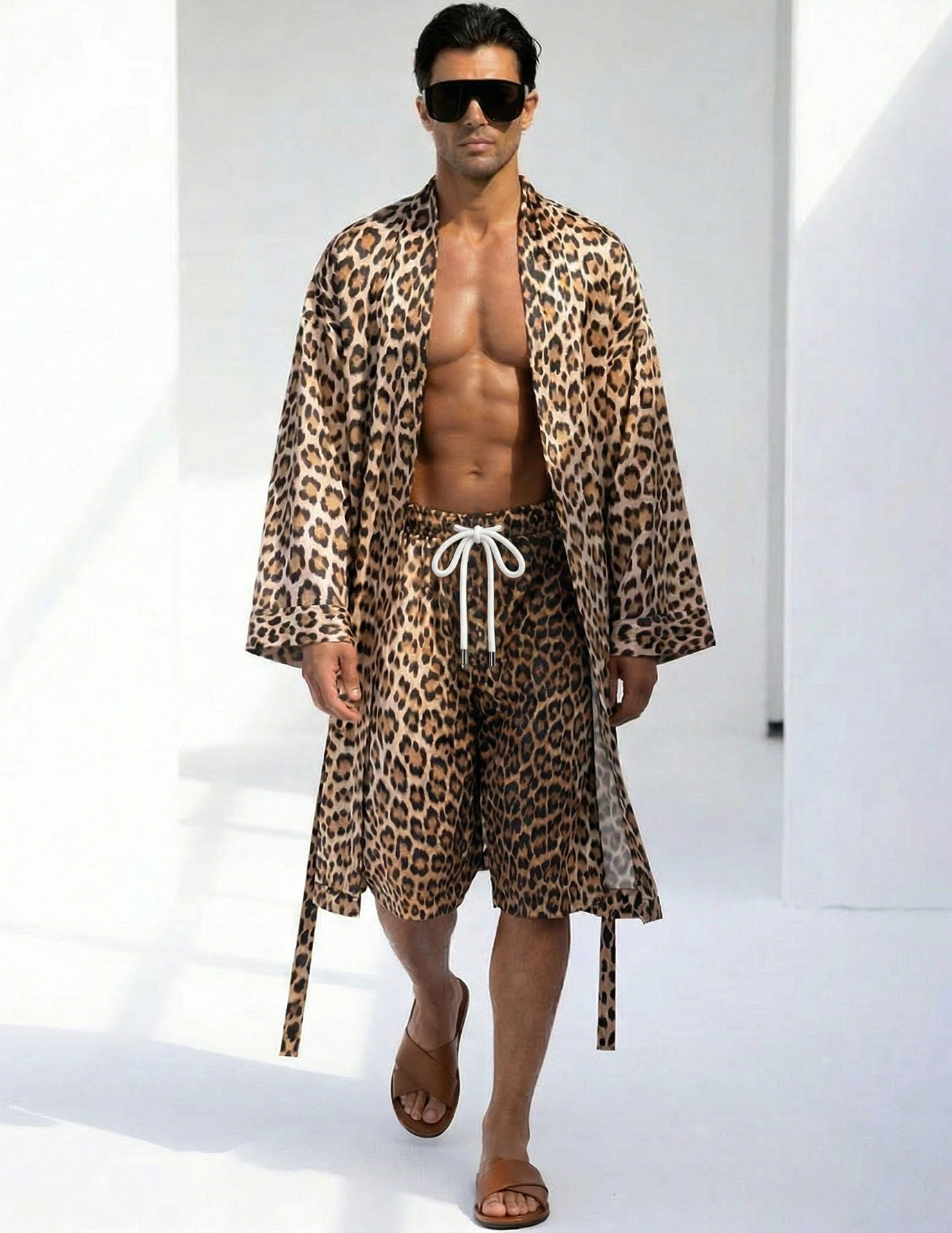 Herren Bademantel-Shorts Set, Leopardenmuster, Bademantel offen, Kordelshorts