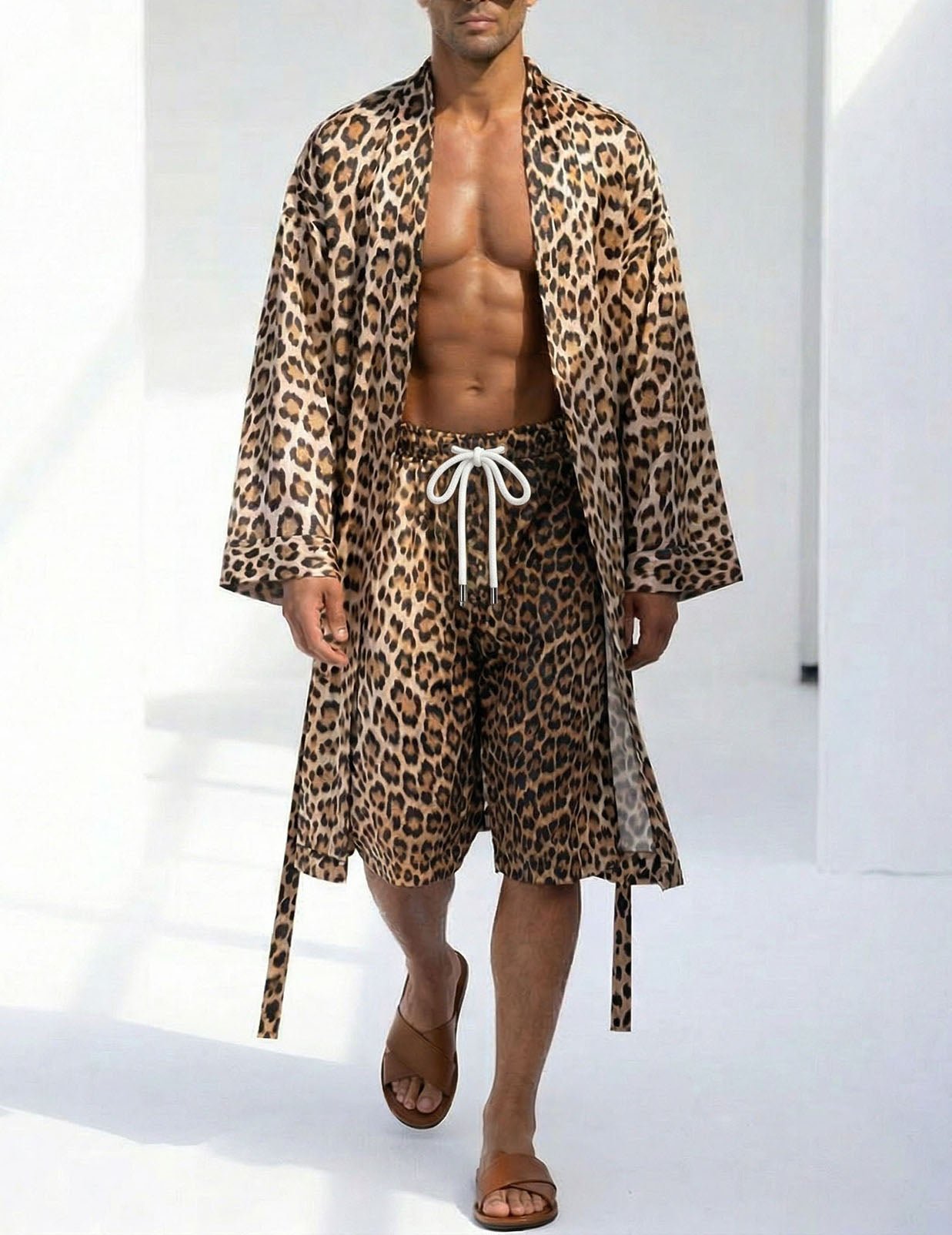 Herren Bademantel-Shorts Set, Leopardenmuster, Kordelshorts und Bademantel