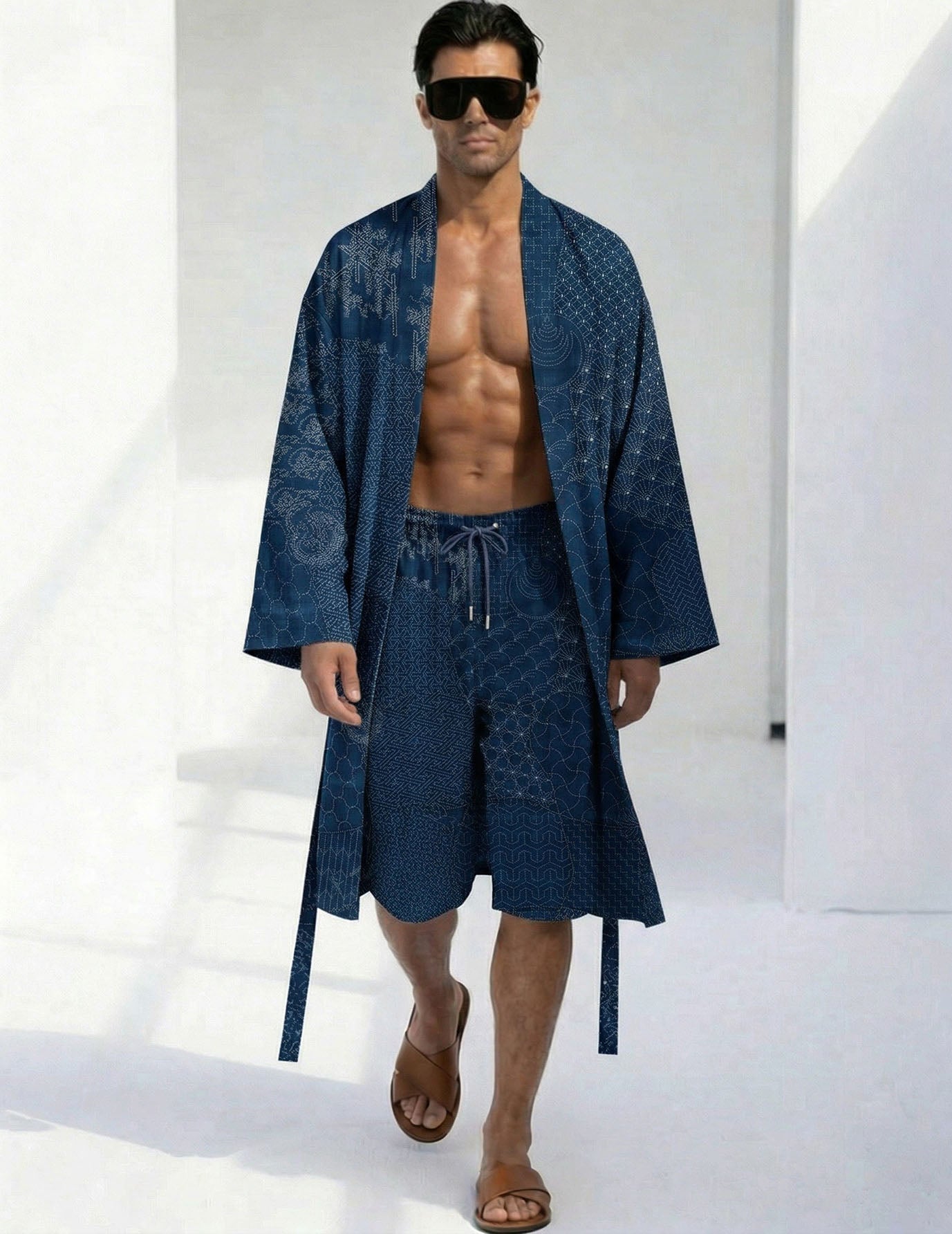 Herren Bademantel-Shorts Set, dunkelblau gemustert, Bademantel offen