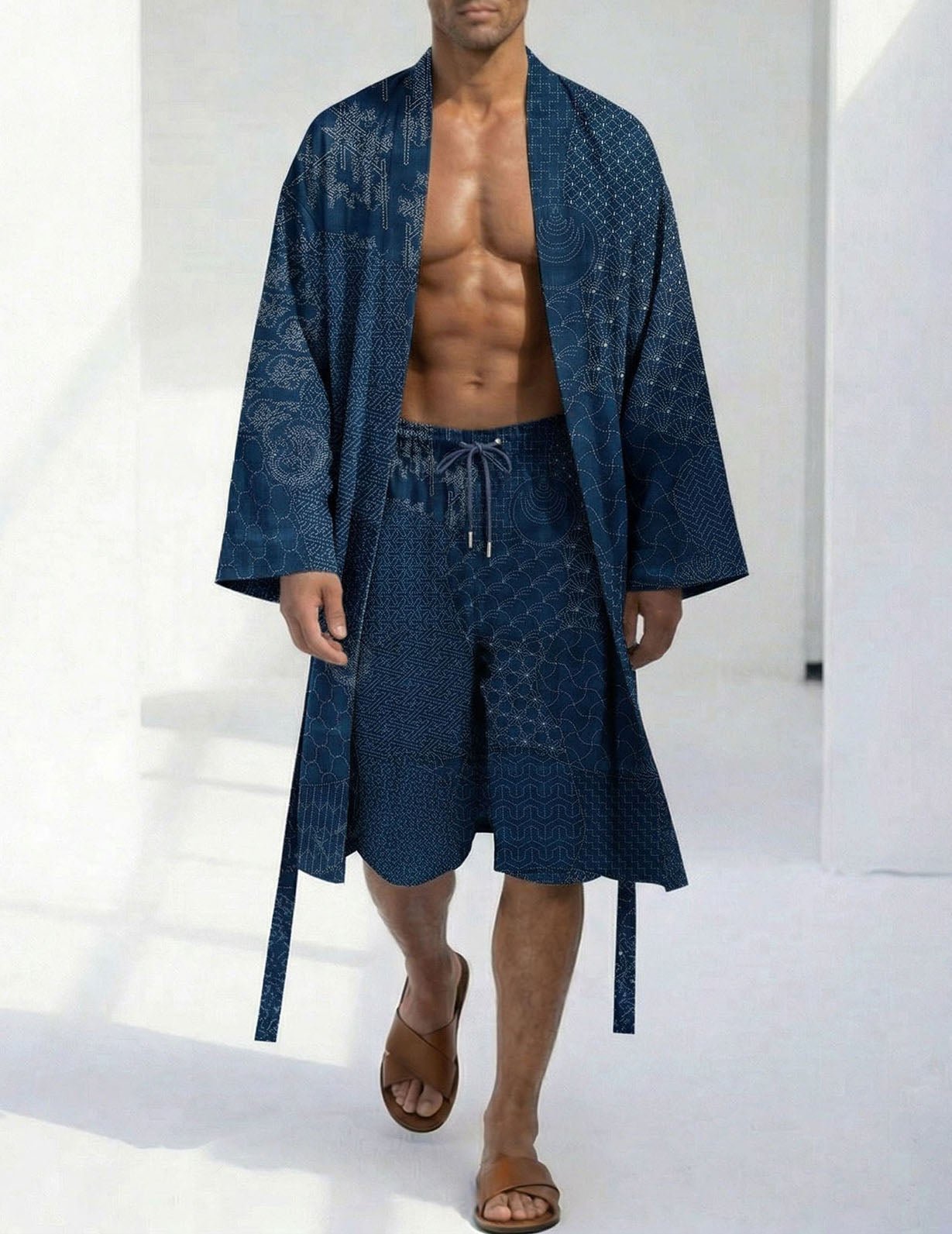 Herren Bademantel-Shorts Set, dunkelblau gemustert, Shorts mit Kordel