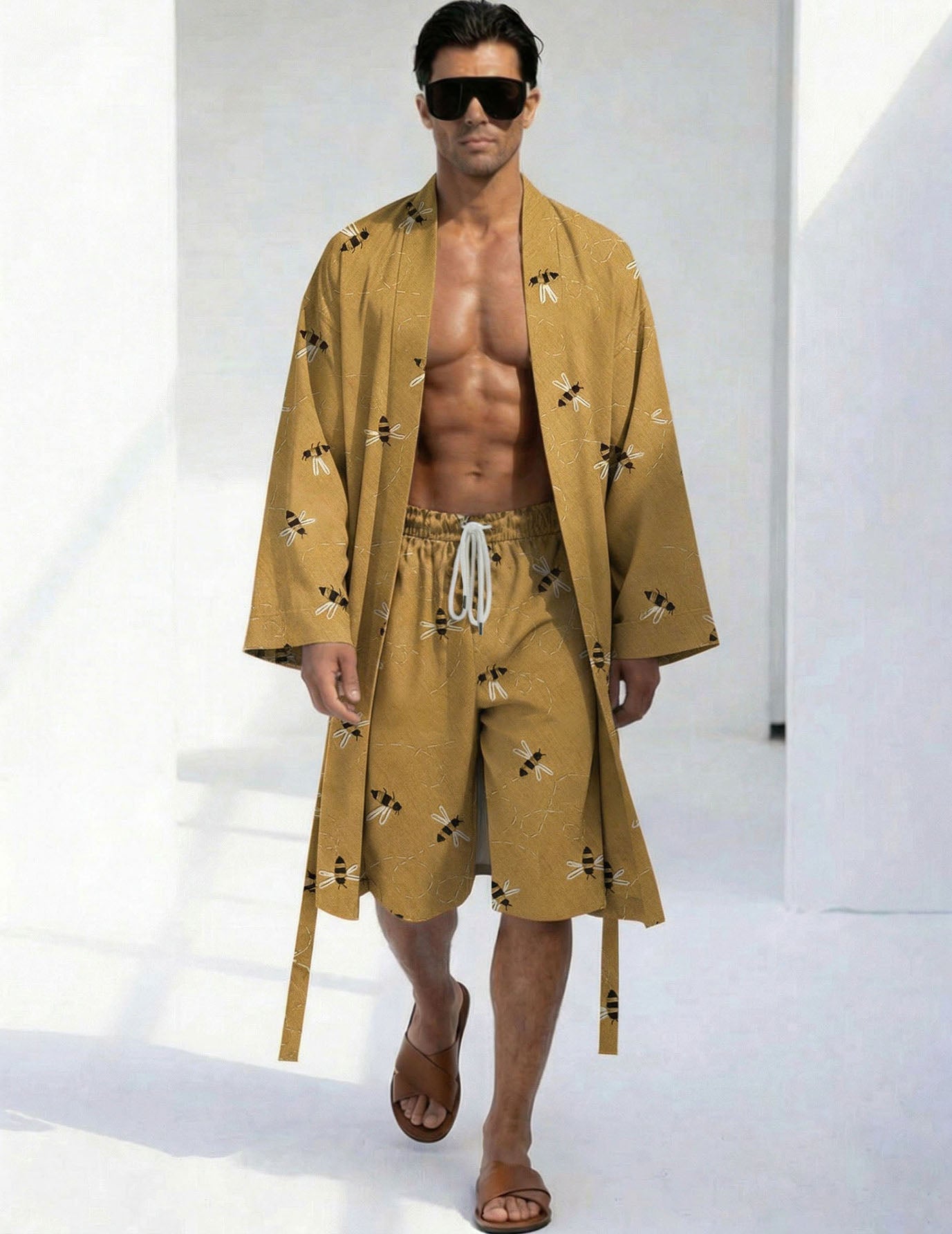 Herren Bademantel-Shorts Set, gelb mit Bienenprint, Bademantel offen