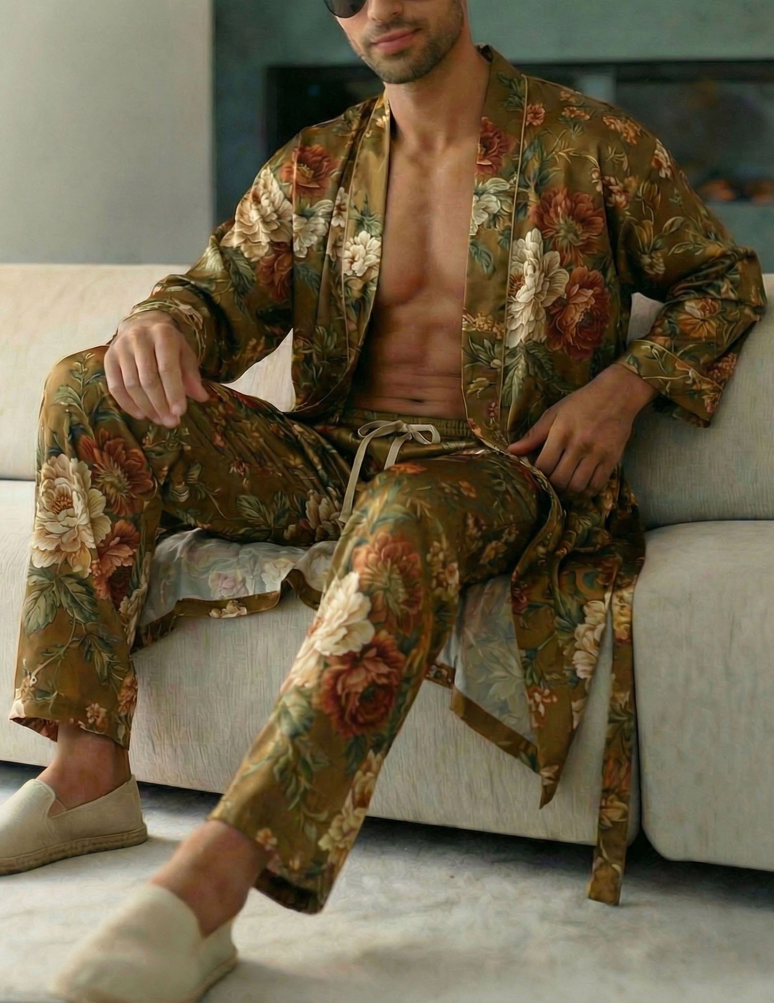 Men’s floral print robe and pants set with open front and matching drawstring pants