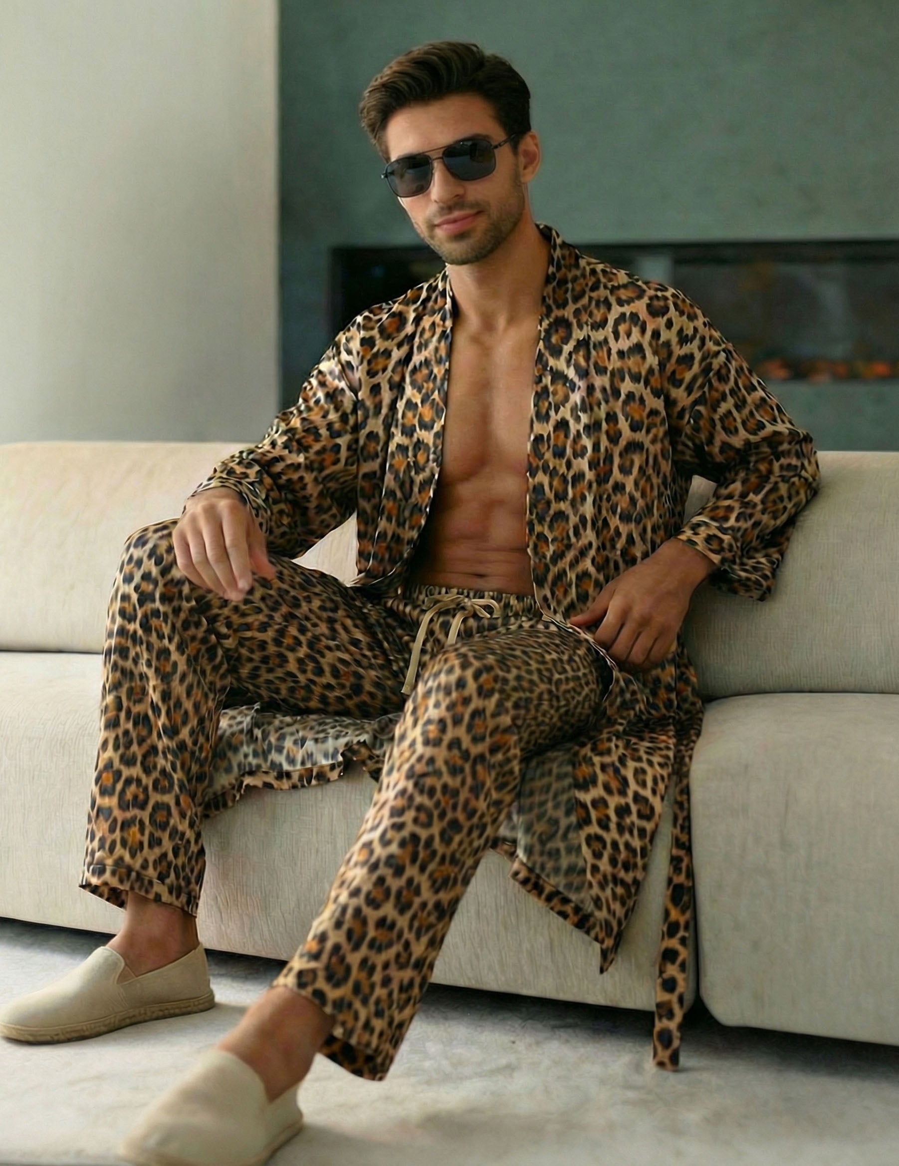 Men’s leopard print robe and pants set with tied waist and long sleeves