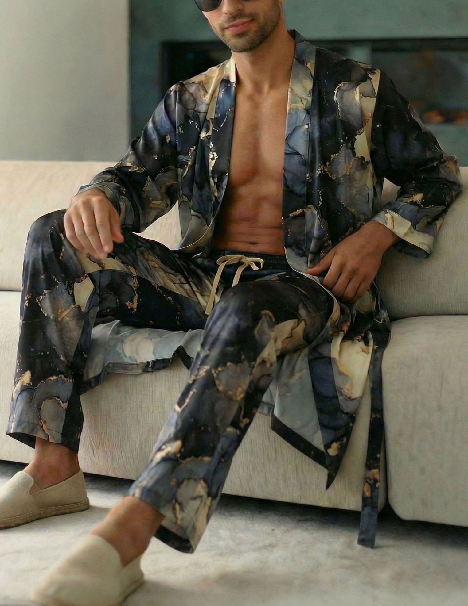 Men’s marble print robe and pants set, navy open front with tied waistband pants