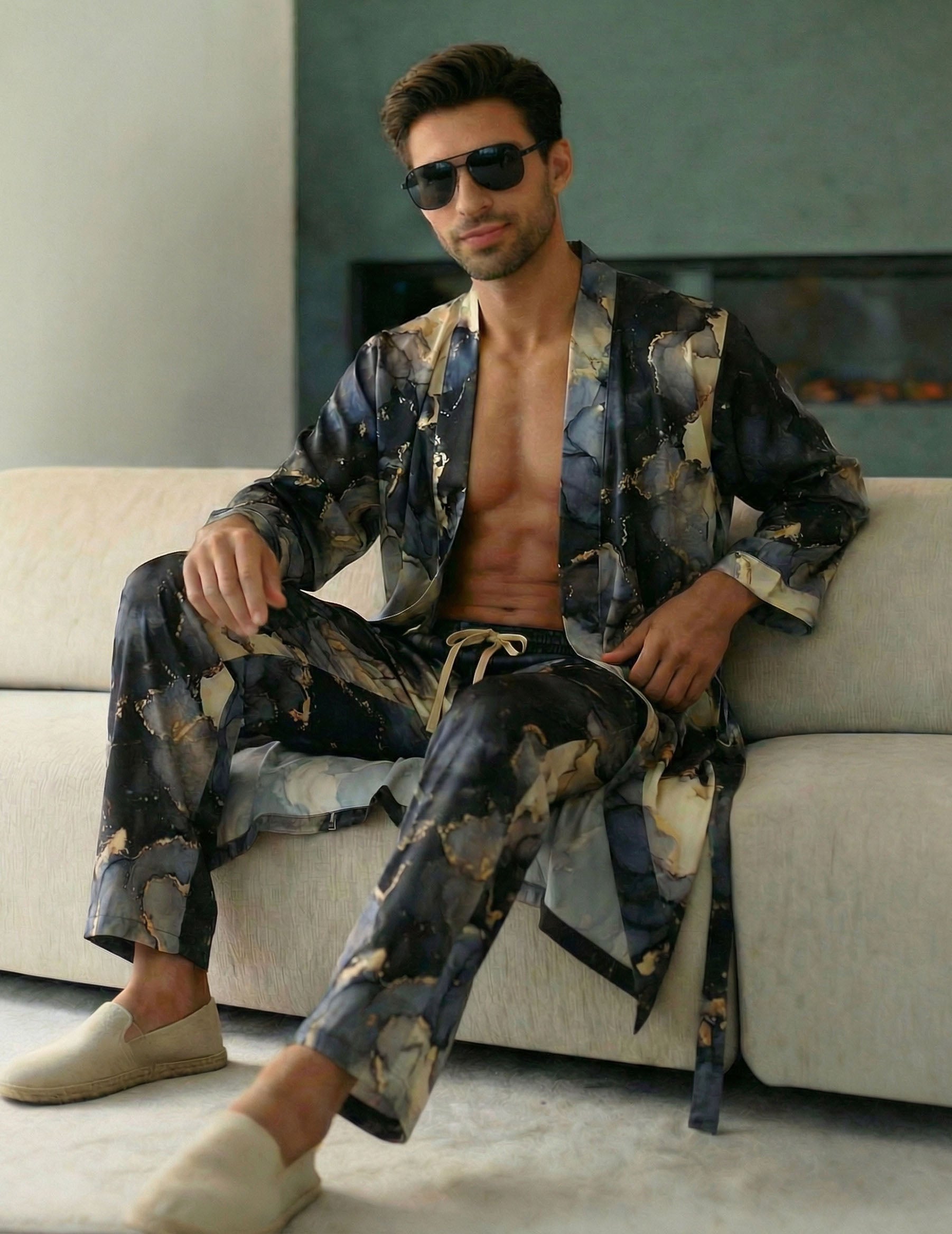 Men’s marble print robe and pants set, navy with gold accents