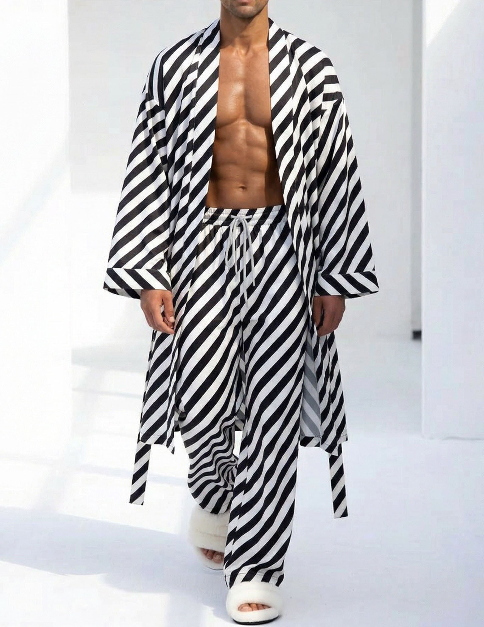 Striped men's robe and pants set, black and white diagonal stripes, open robe front