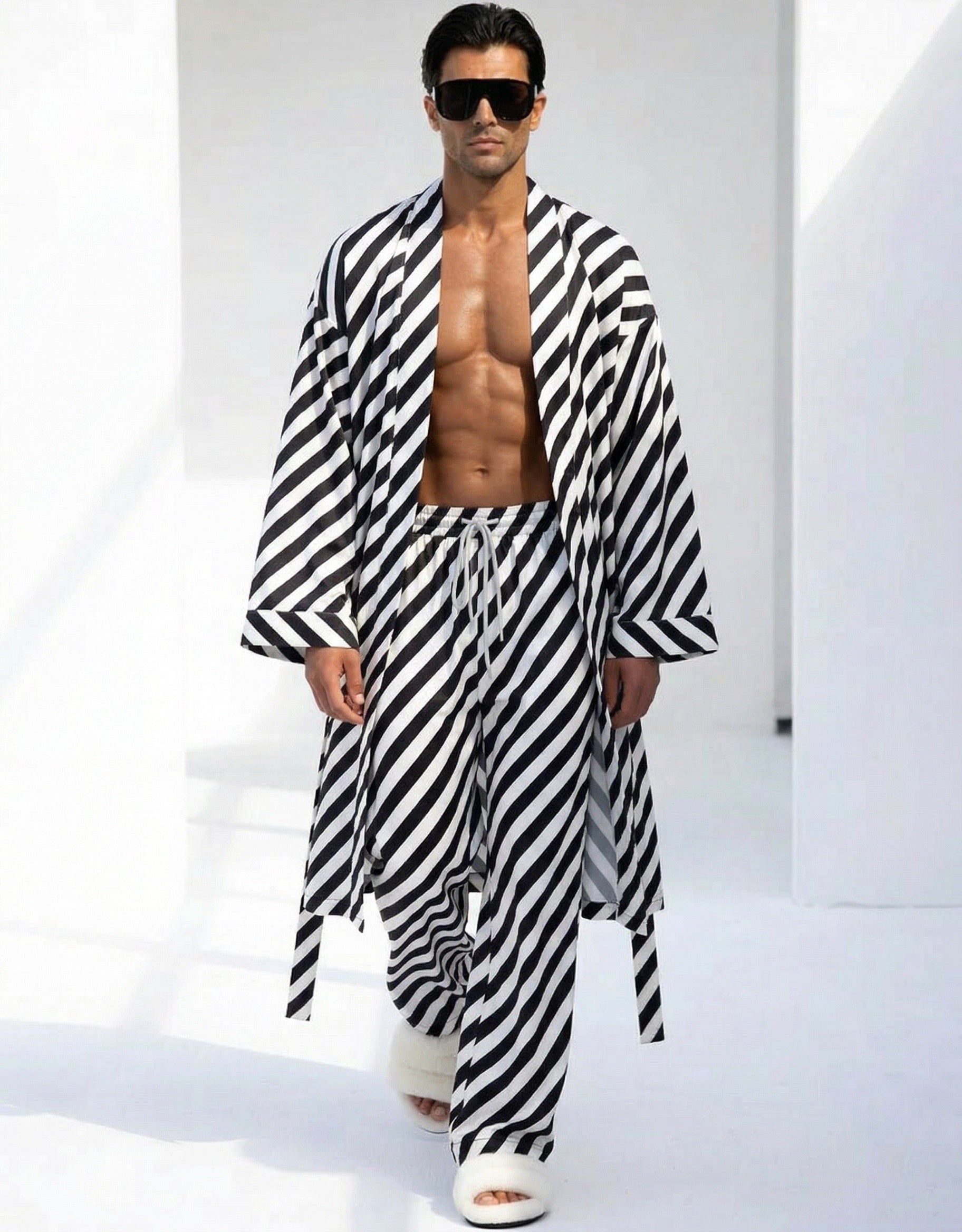 Men's striped robe and pants set, black and white diagonal stripes, drawstring pants