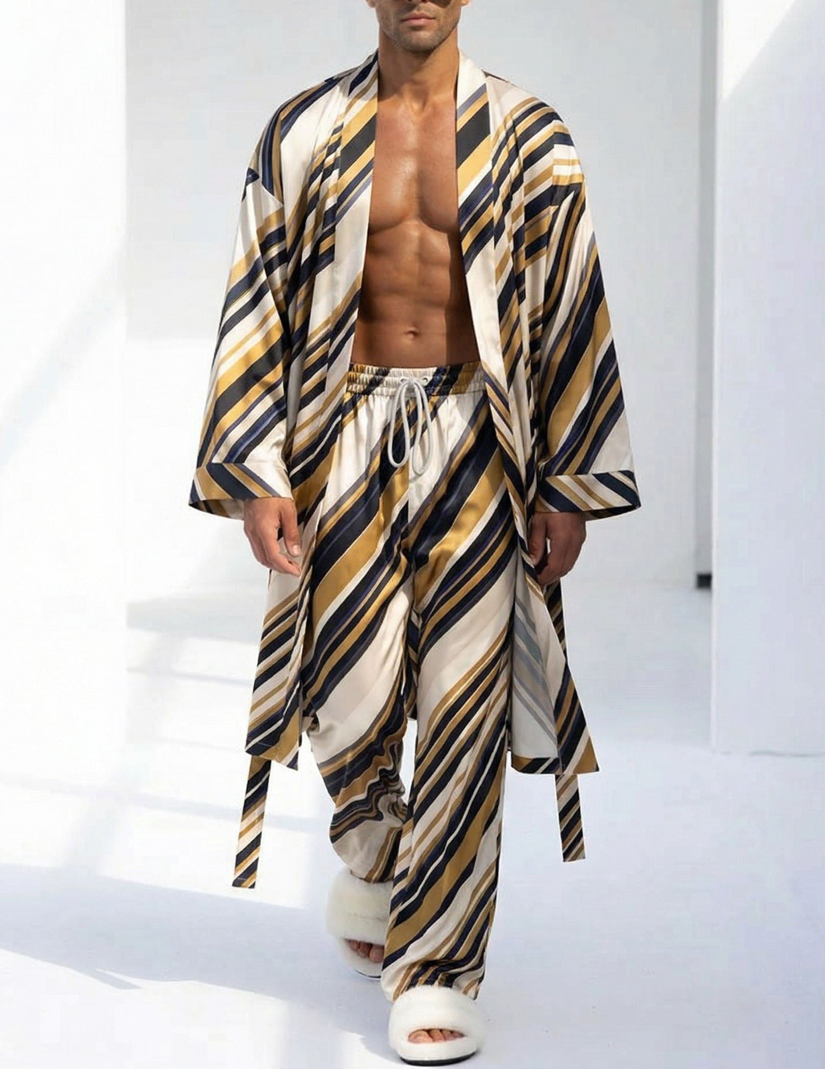 Striped men's robe and pants set, cream and navy stripes, loose robe with wide sleeves