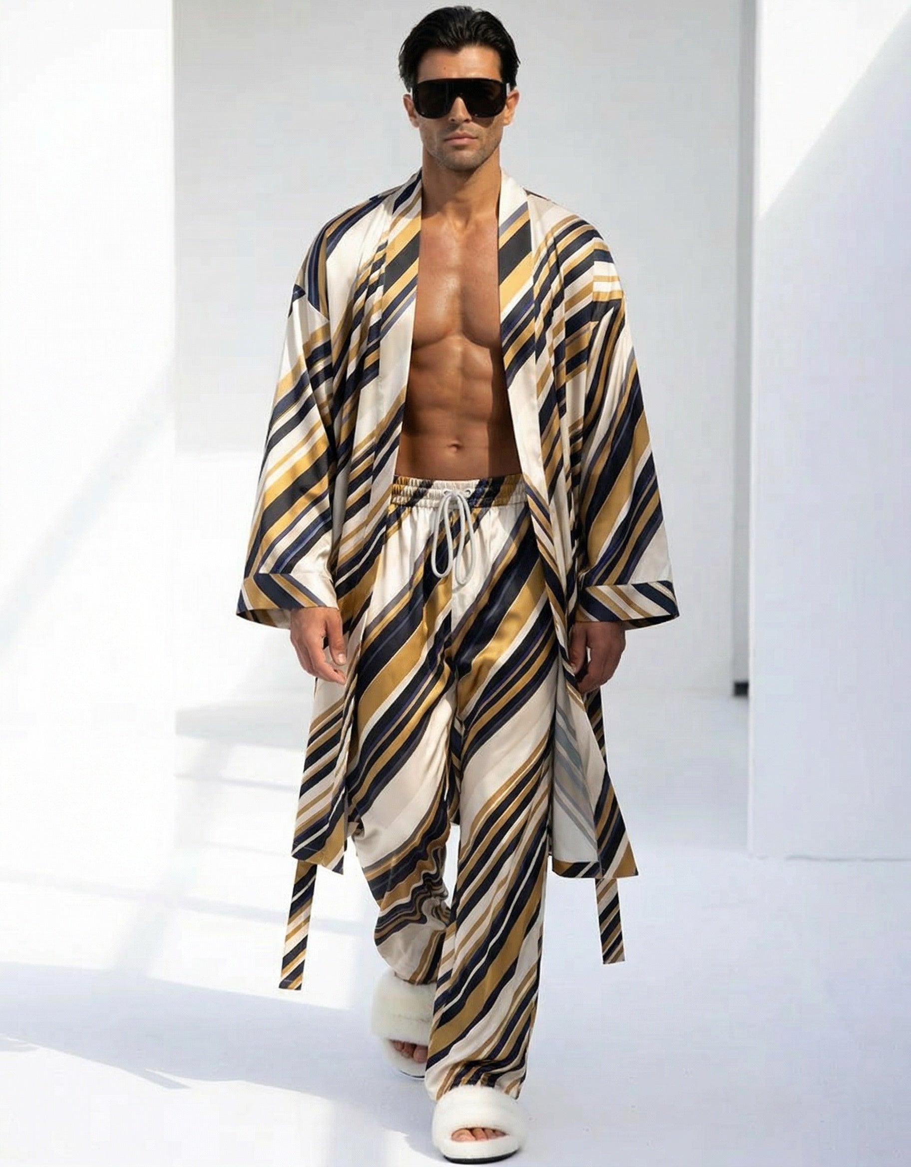 Men's striped robe and pants set, cream and navy stripes, drawstring waist trousers
