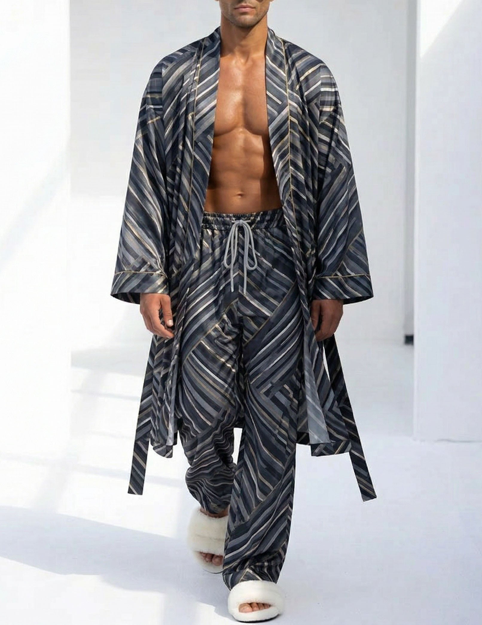 Striped men's robe and pants set, dark grey with light blue stripes, robe open front