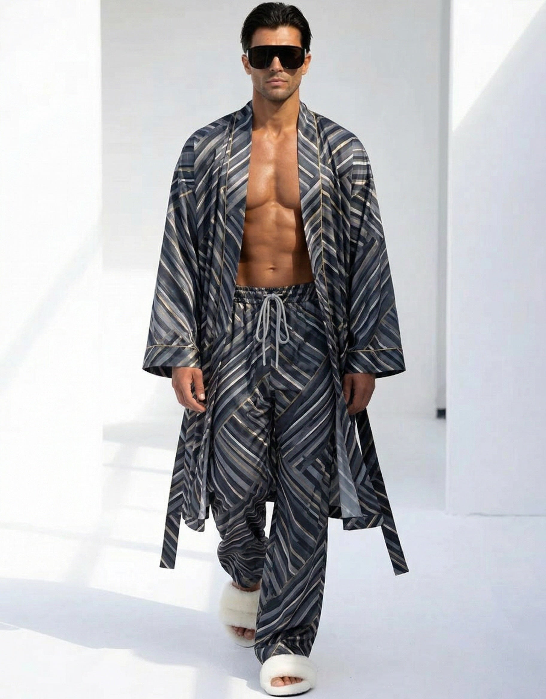 Men striped robe and pants set, dark grey with light blue stripes, drawstring waist
