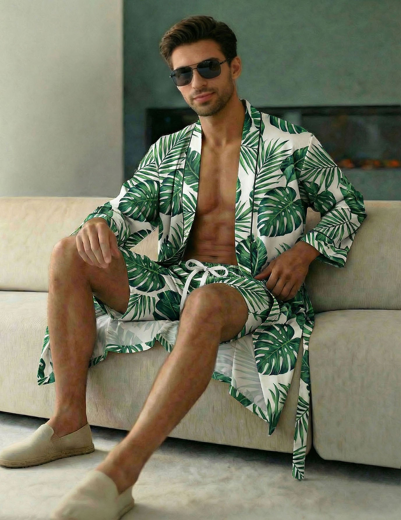 Men's tropical leaf robe & shorts set, green with white trim, drawstring waist
