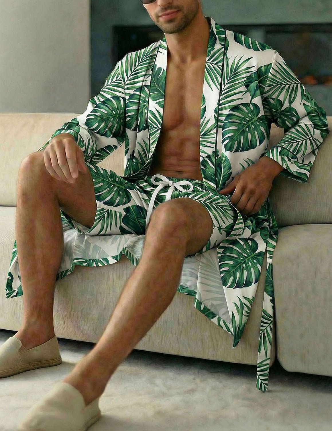 Men's tropical leaf robe & shorts set, green leaf print, open robe with matching shorts